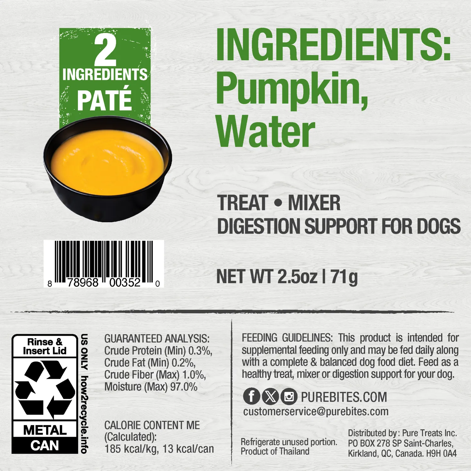PureBites potiron pâtée chien 12x71g fibres digestives