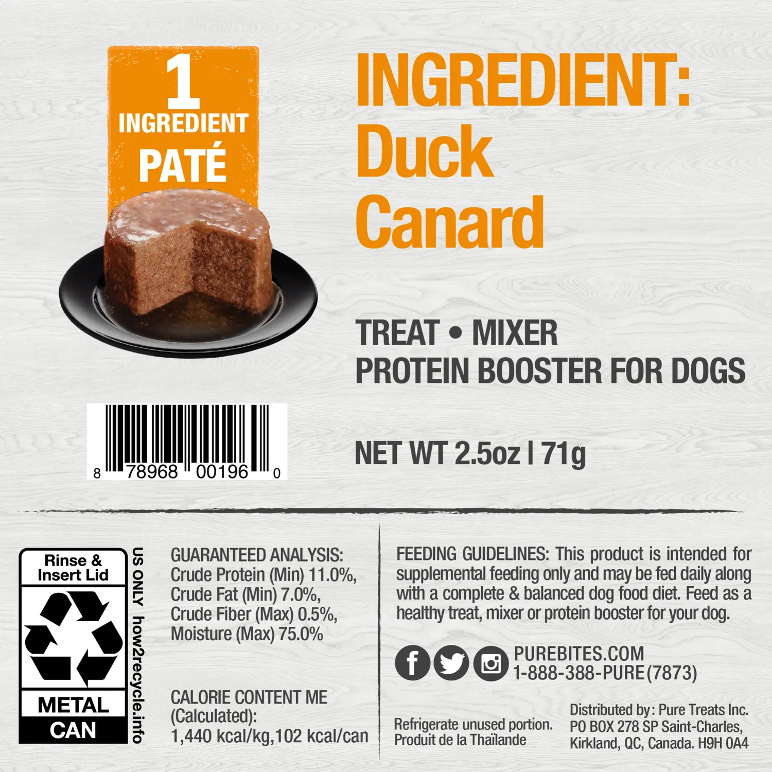 PureBites pâté canard chien 12x71g